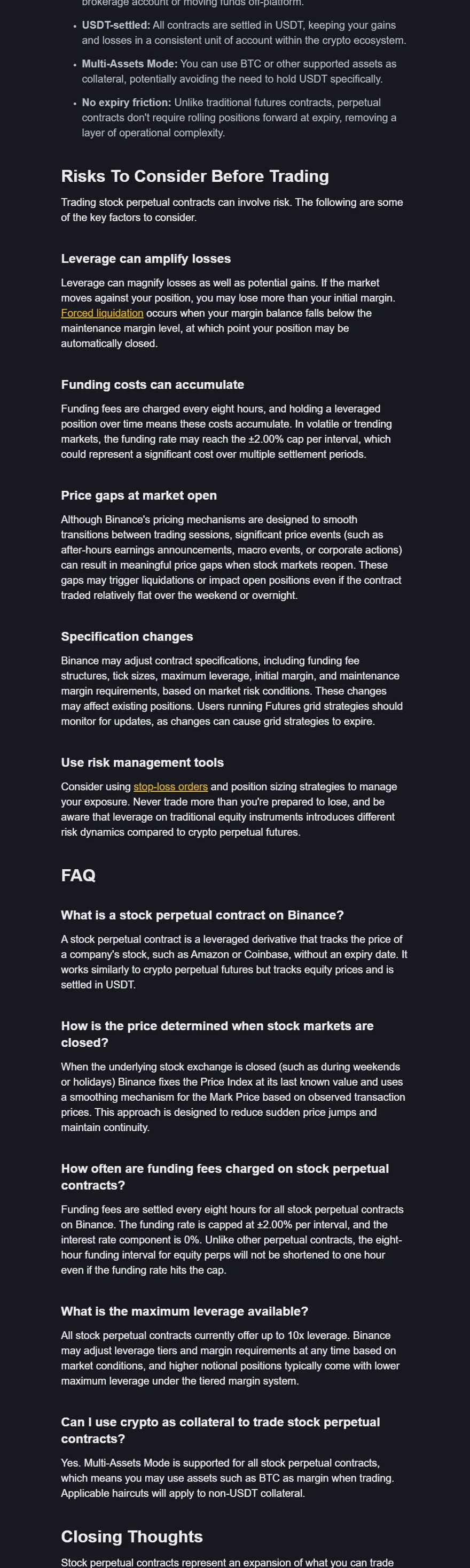Binance Academy တရားဝင် Stock Perpetual guide ၏ Risks To Consider Before Trading section တွင် leverage loss၊ funding cost၊ market-open price gap၊ specification change နှင့် forced liquidation risk ကိုဖော်ပြထားသည့် screenshot