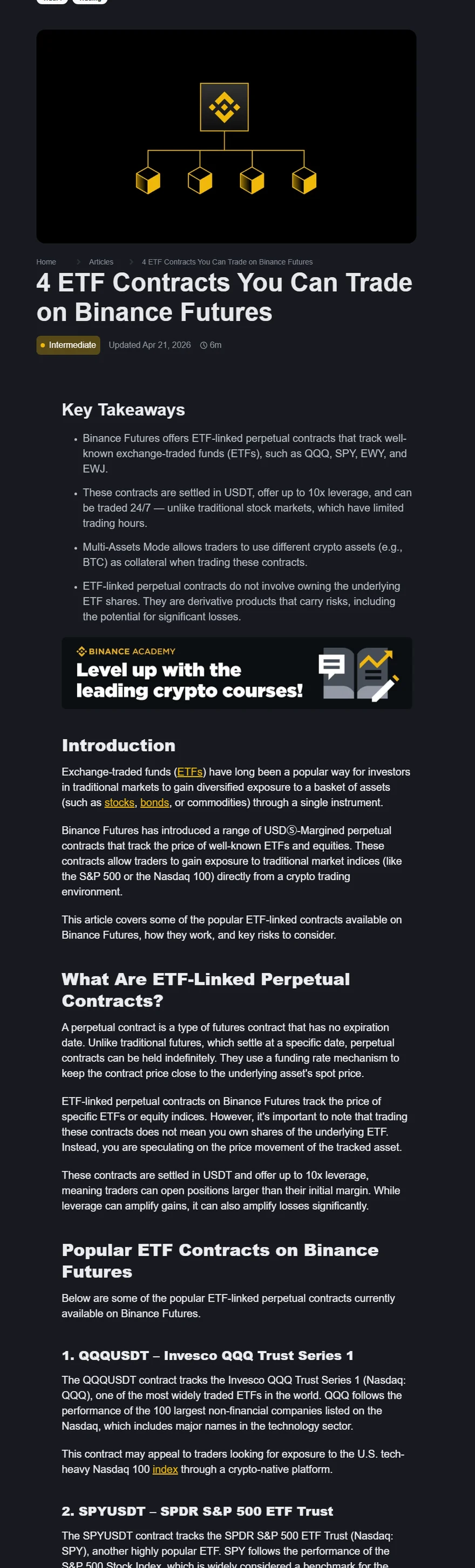 Binance Academy တရားဝင် ETF Perpetual guide ၏ Updated Apr 21 2026 စာမျက်နှာ၊ QQQUSDT၊ SPYUSDT၊ EWYUSDT၊ EWJUSDT၊ USDT settlement၊ 24/7 trading နှင့် leverage risk Key Takeaways screenshot