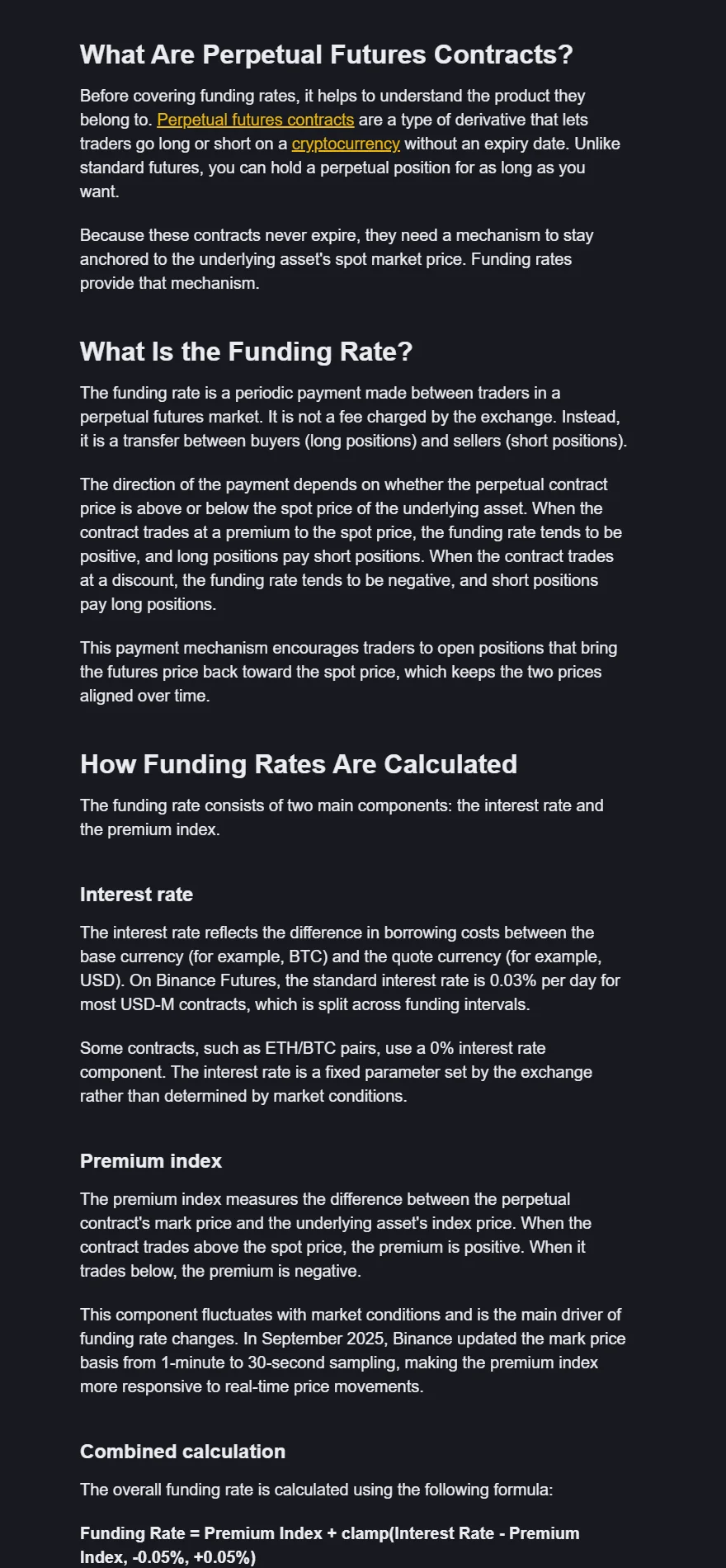 Binance Academy တရားဝင် funding-rate guide တွင် perpetual contract၊ positive/negative funding direction၊ interest rate၊ premium index နှင့် funding formula ကိုရှင်းပြထားသည့် webpage screenshot