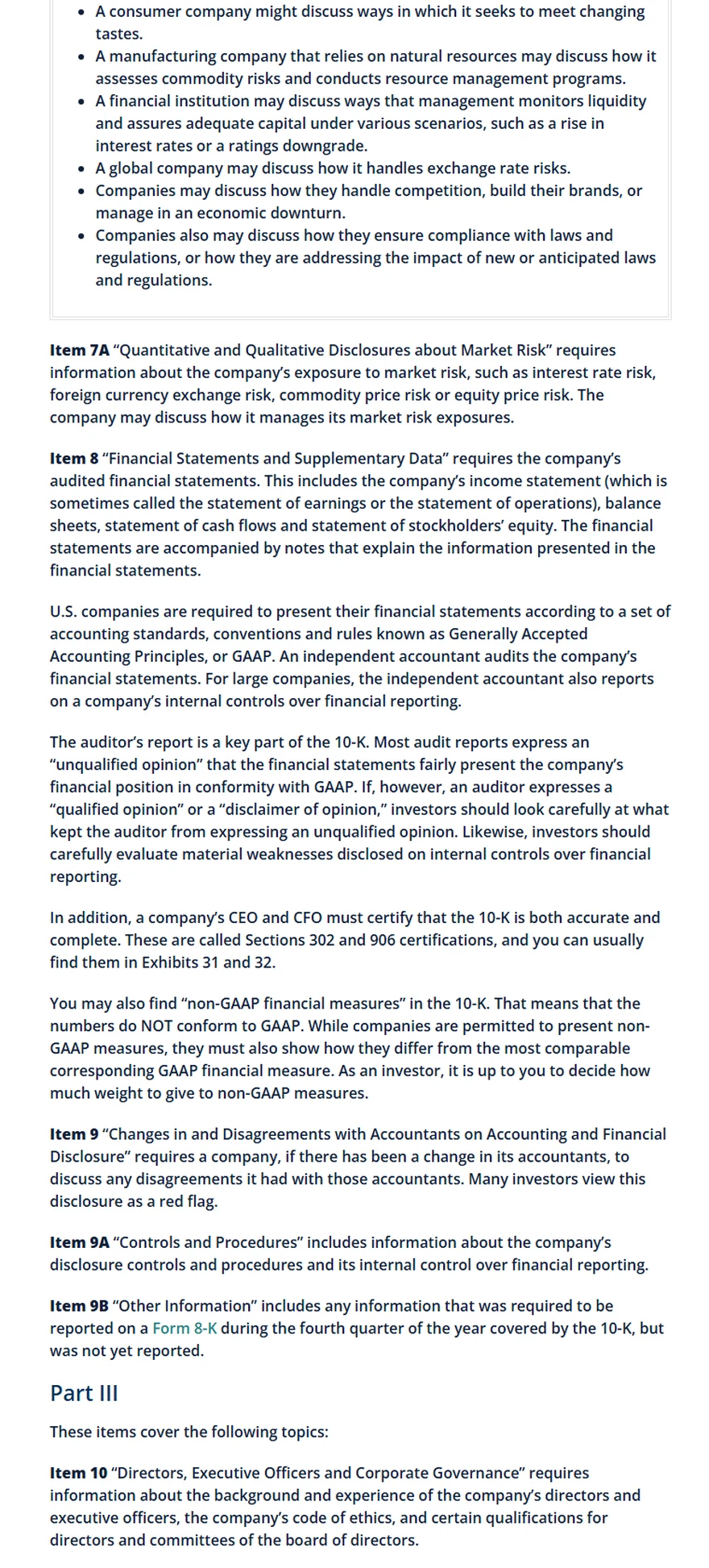 Investor.gov ၏ 10-K/10-Q guide တွင် Item 7A market risk၊ Item 8 audited financial statements၊ auditor opinion၊ non-GAAP reconciliation၊ accountant disagreement နှင့် internal-control disclosure ကိုပြထားသည့် တရားဝင် webpage screenshot