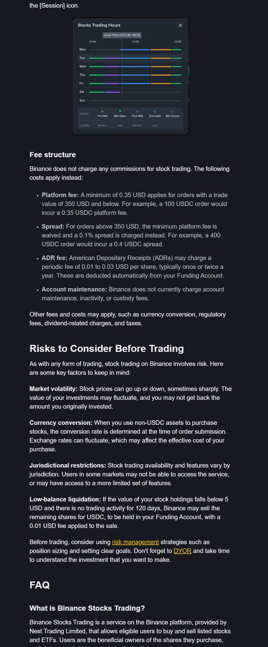 Binance Academy တရားဝင် Stocks လမ်းညွှန်တွင် trading hours၊ fee structure၊ market risk နှင့် jurisdiction အလိုက် service availability ကွာခြားကြောင်းဖော်ပြထားသည့် webpage screenshot
