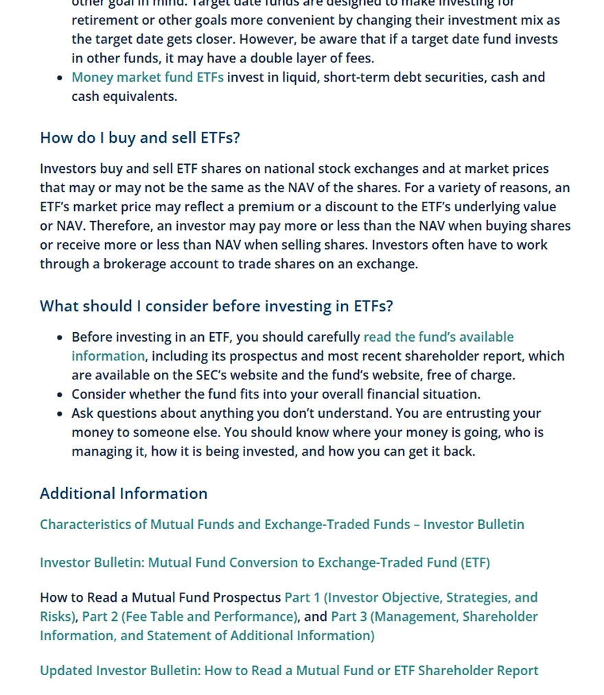 Investor.gov ၏ ETF စာမျက်နှာတွင် exchange market price သည် NAV နှင့်တူချင်မှတူနိုင်ပြီး premium သို့မဟုတ် discount ဖြစ်နိုင်ကြောင်း၊ prospectus နှင့် shareholder report ဖတ်ရန်လိုကြောင်းဖော်ပြထားသည့် တရားဝင် webpage screenshot