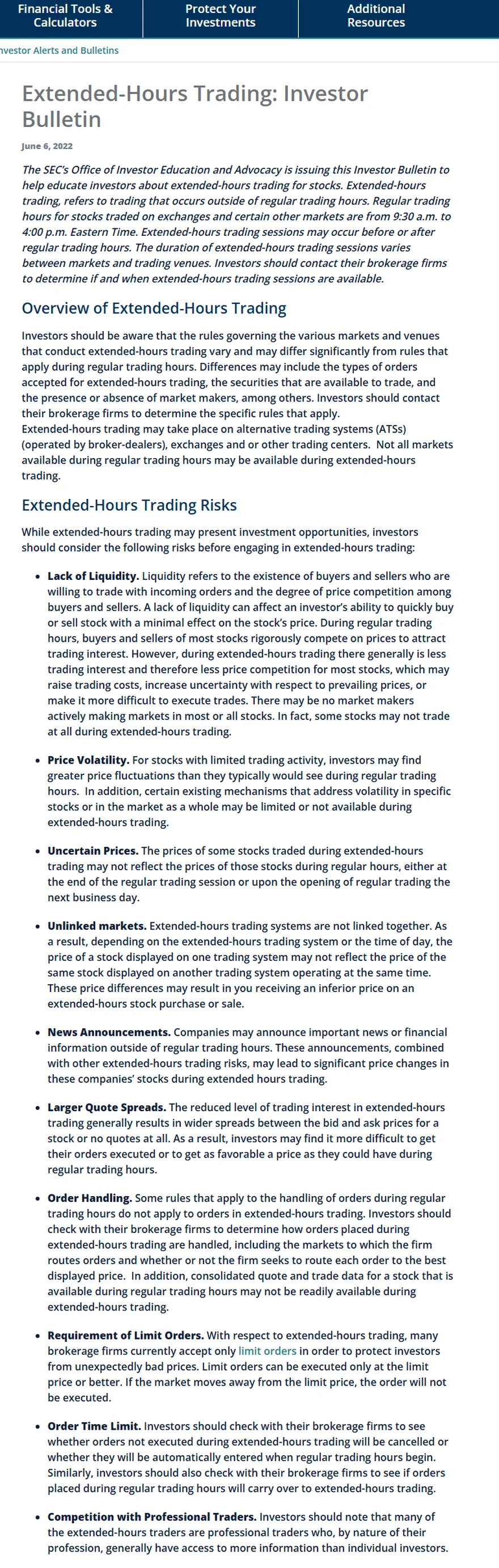 Investor.gov တရားဝင် Extended-Hours Trading bulletin တွင် lack of liquidity၊ price volatility၊ uncertain prices၊ news announcements နှင့် larger quote spreads risk ကိုဖော်ပြထားသည့် webpage screenshot
