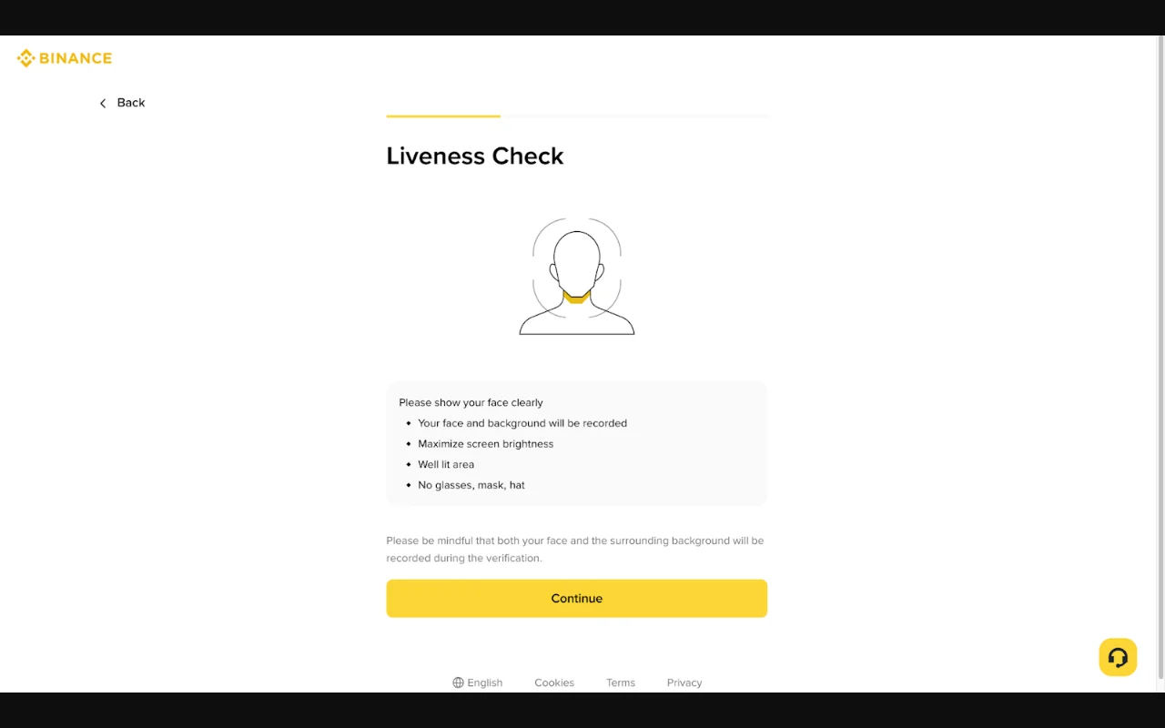 မျက်နှာအသက်ရှင်မှုစစ်ဆေးရန် Binance ၏ တရားဝင် liveness check မျက်နှာပြင်