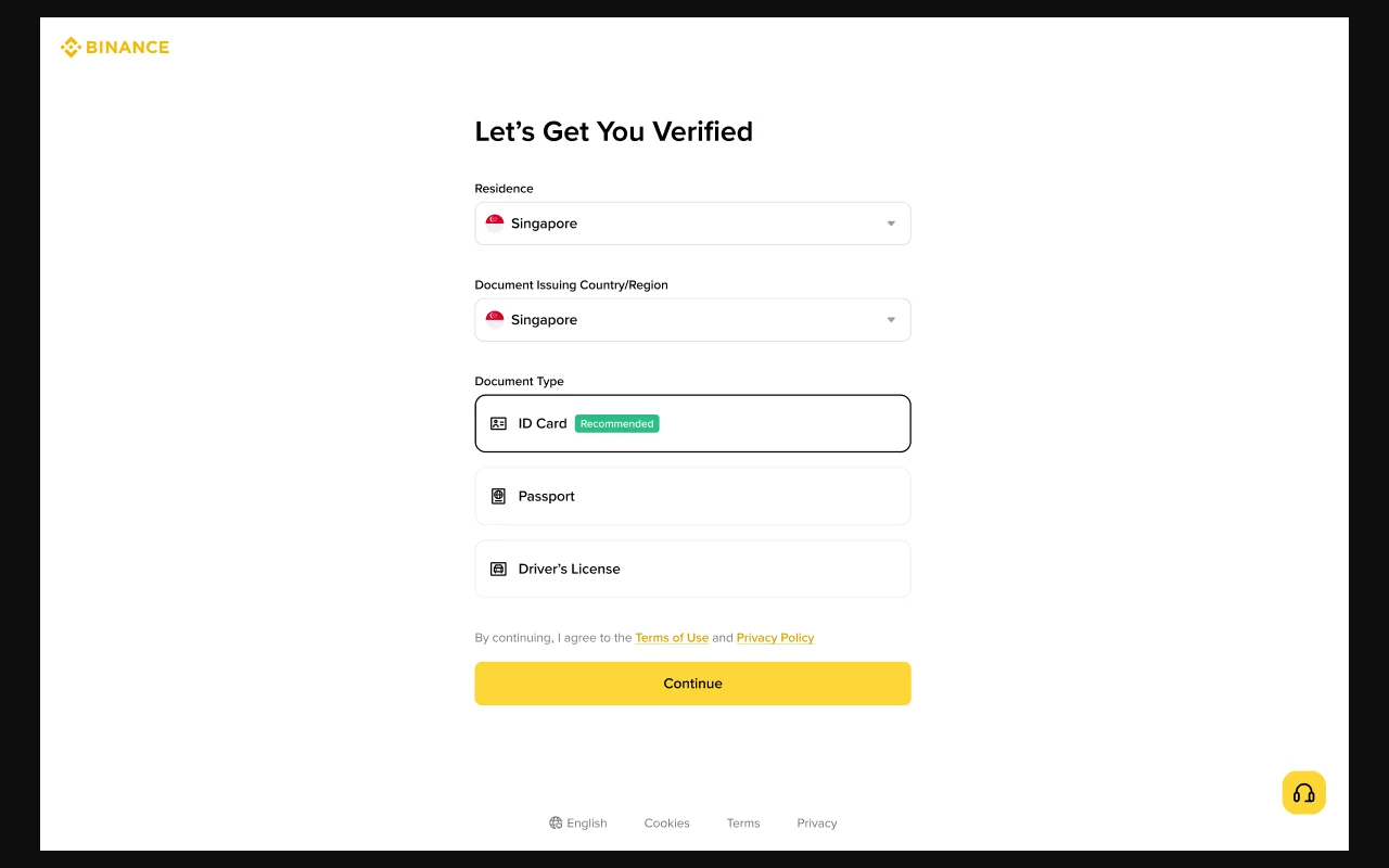 Identity document အမျိုးအစားရွေးပြီး တင်ရန် Binance ၏ တရားဝင်မျက်နှာပြင်