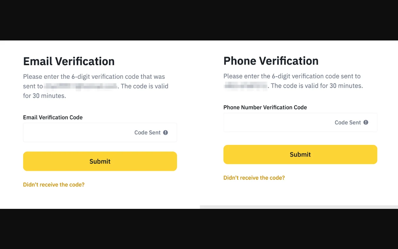 Binance ၏ email နှင့် phone verification code ထည့်သွင်းရန် တရားဝင်မျက်နှာပြင်