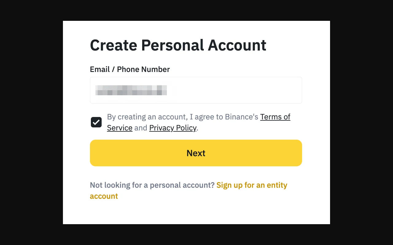 Binance ၏ တရားဝင် personal account ဖွင့်ရန် email သို့မဟုတ် phone number ထည့်သွင်းသည့် မျက်နှာပြင်
