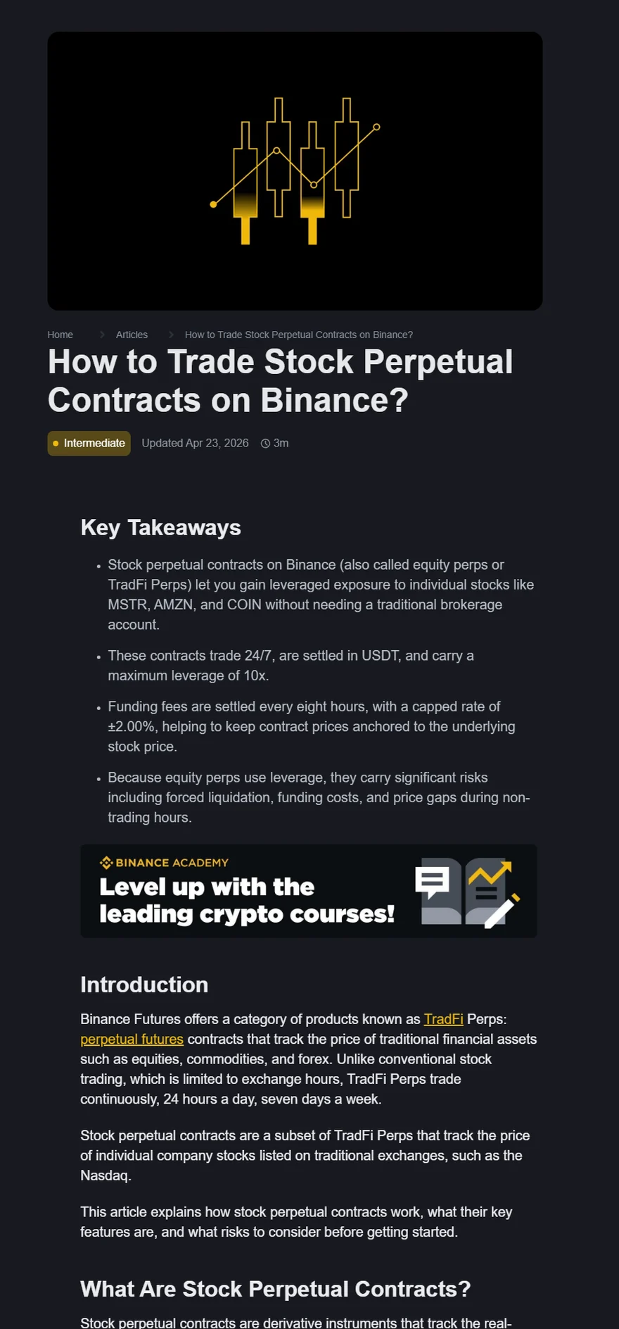 Binance Academy တရားဝင် Stock Perpetual guide ၏ Updated Apr 23 2026 စာမျက်နှာနှင့် 24/7 trading၊ USDT settlement၊ 10x maximum leverage၊ eight-hour funding၊ price-gap risk Key Takeaways screenshot