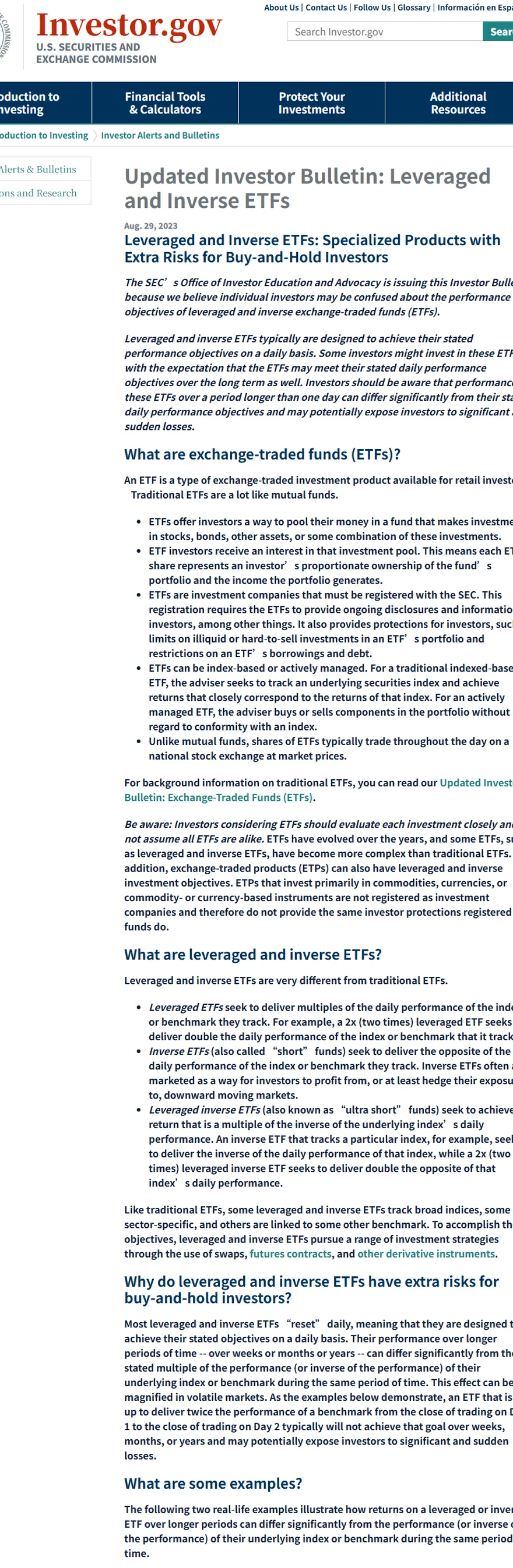 Investor.gov တရားဝင် Leveraged and Inverse ETFs bulletin တွင် daily objective၊ daily reset နှင့် longer-period performance divergence risk ကိုရှင်းပြထားသည့် webpage screenshot