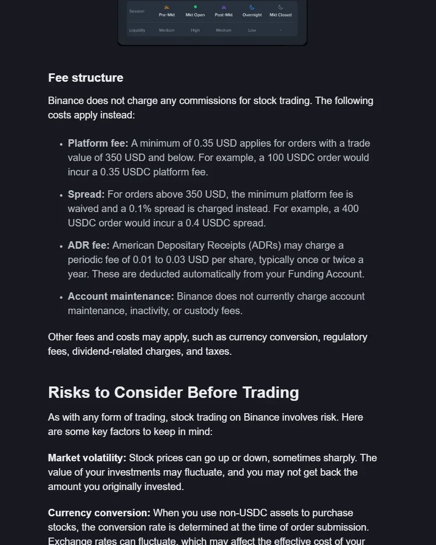 Binance Academy တရားဝင် Stocks guide တွင် 350 USD နှင့်အောက် order အတွက် 0.35 USD platform fee၊ 350 USD ကျော်အတွက် 0.1% spread နှင့် ADR fee ကိုဖော်ပြထားသည့် fee structure screenshot