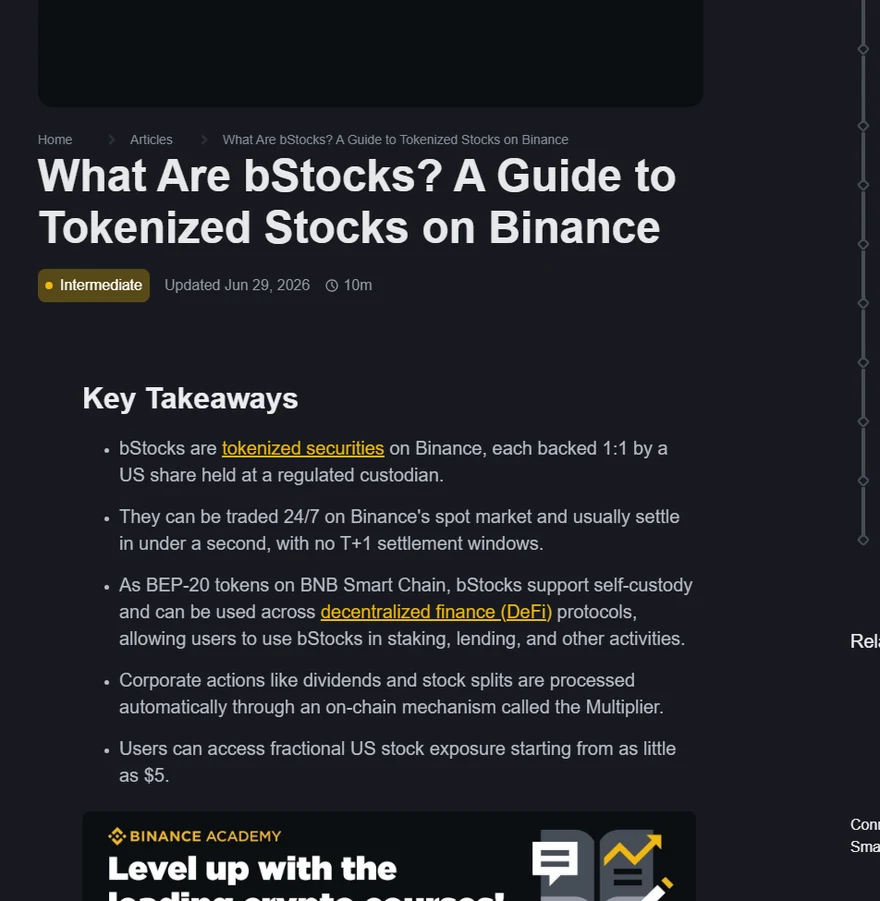Binance Academy ၏ What Are bStocks guide စာမျက်နှာတွင် Updated Jun 29 2026၊ 1:1 backing၊ BNB Smart Chain နှင့် dividend နှင့် stock split ကို Multiplier ဖြင့်ပြုလုပ်ခြင်း ကိုဖော်ပြထားသည့် တရားဝင် webpage screenshot