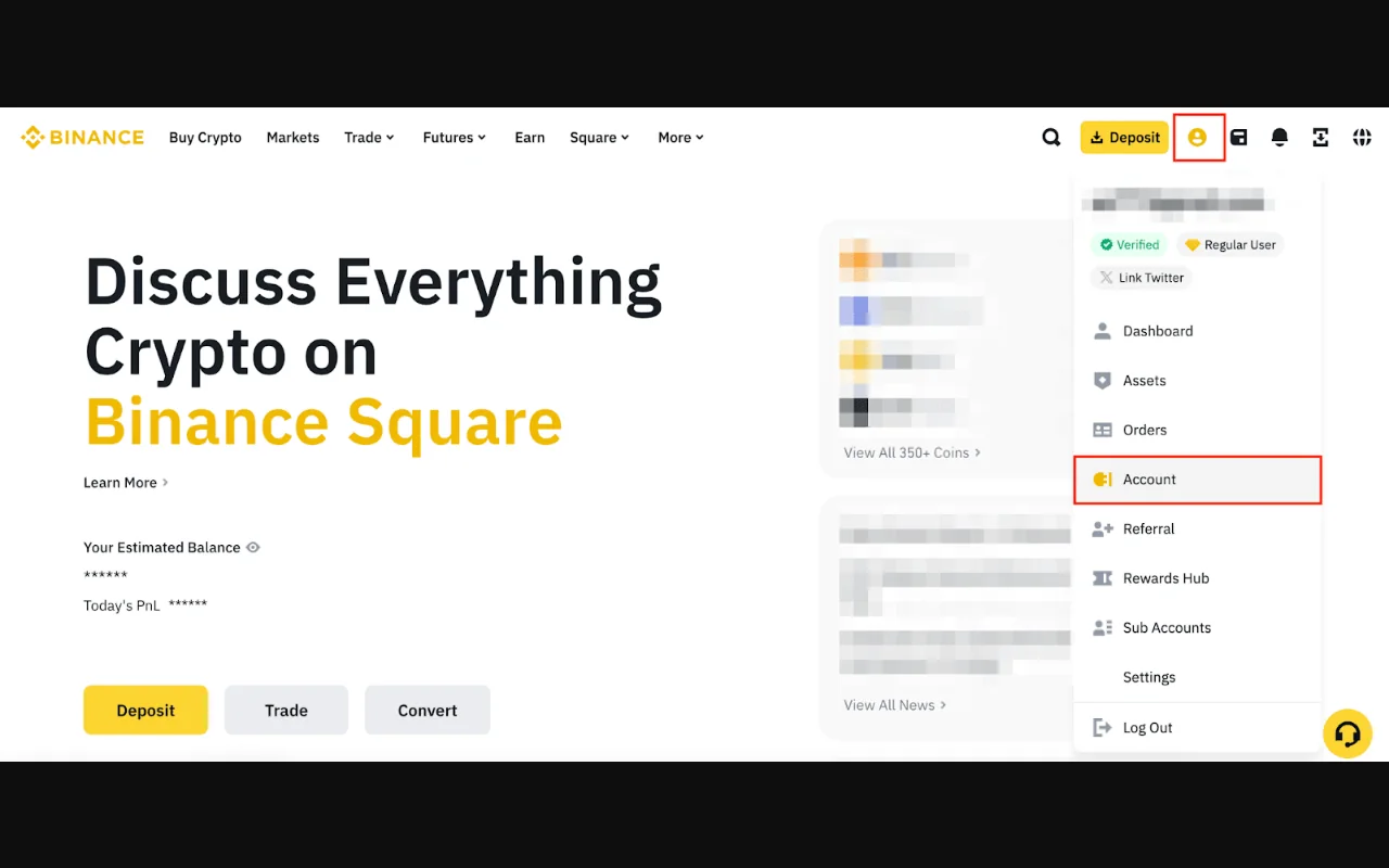 Binance homepage ၏ profile menu တွင် Account ကိုရွေးရမည့်နေရာကို အနီရောင်ဘောင်ဖြင့် ပြထားသော တရားဝင်မျက်နှာပြင်