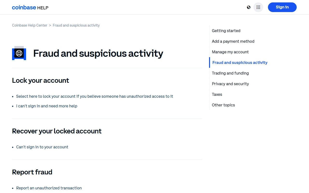 Coinbase ၏ တရားဝင်အကူအညီစာမျက်နှာတွင် အကောင့်ပိတ်ဆို့ရန်၊ မဝင်နိုင်လျှင်အကူအညီတောင်းရန်နှင့် ခွင့်မပြုသောငွေလွှဲမှုတိုင်ကြားရန် လင့်ခ်များ
