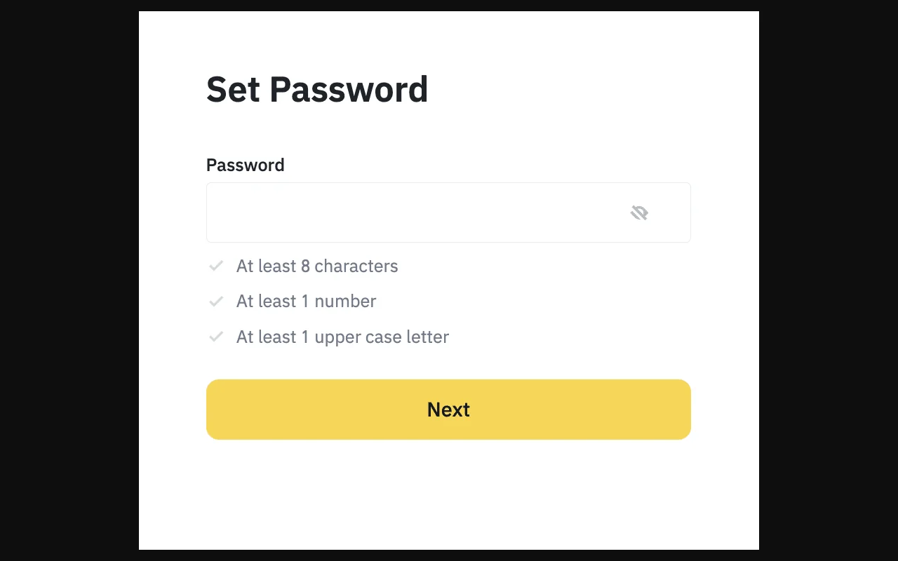 Binance account အတွက် password ဖန်တီးရန် တရားဝင်မျက်နှာပြင်