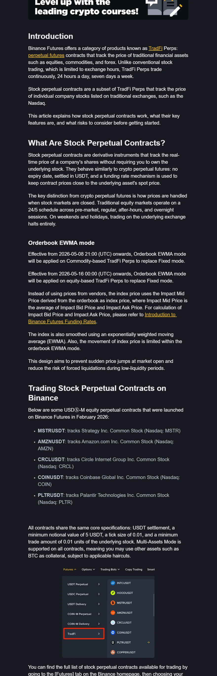 Binance Academy တရားဝင် Stock Perpetual guide တွင် equity-based TradFi Perps အတွက် 2026-05-16 မှ Orderbook EWMA mode၊ Impact Mid Price နှင့် EWMA smoothing ကိုဖော်ပြထားသည့် screenshot