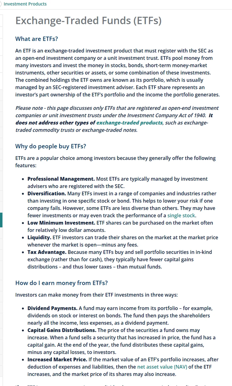 Investor.gov ၏ Exchange-Traded Funds စာမျက်နှာတွင် ETF သည် SEC-registered portfolio product ဖြစ်ခြင်း၊ portfolio အပေါ်အချိုးကျပိုင်ဆိုင်မှု၊ diversification နှင့် liquidity အကြောင်းရှင်းပြထားသည့် တရားဝင် webpage screenshot